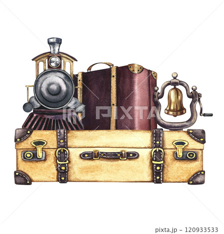 Traveling by train. A retro steam locomotive on a suitcase and a steam locomotive bell. Handmade watercolor illustration in vintage style. For banners, flyers, posters. For prints, stickers, postcards 120933533