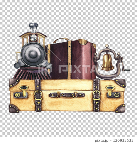 Traveling by train. A retro steam locomotive on a suitcase and a steam locomotive bell. Handmade watercolor illustration in vintage style. For banners, flyers, posters. For prints, stickers, postcards 120933533