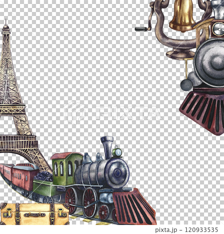 The train leaving the Eiffel tower. Vintage moving retro steam locomotive. A watercolor illustration made by hand. Isolate it. For banners, flyers, posters. For prints, stickers, postcards and ticket. 120933535
