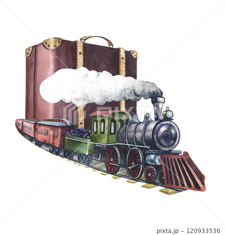 Traveling by train. A retro steam locomotive and a suitcase. Watercolor illustration, handmade in vintage style. For banners, flyers, posters. For prints, stickers, postcards and tickets. Traveling by train. A retro steam locomotive and a suitcase. Watercolor illustration, handmade in vintage style. For banners, flyers, posters. For prints, stickers, postcards and tickets. 120933536