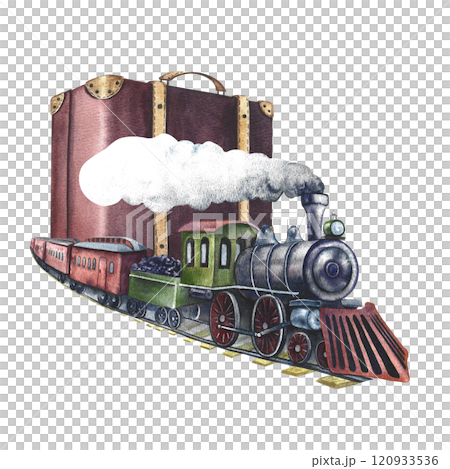 Traveling by train. A retro steam locomotive and a suitcase. Watercolor illustration, handmade in vintage style. For banners, flyers, posters. For prints, stickers, postcards and tickets. Traveling by train. A retro steam locomotive and a suitcase. Watercolor illustration, handmade in vintage style. For banners, flyers, posters. For prints, stickers, postcards and tickets. 120933536