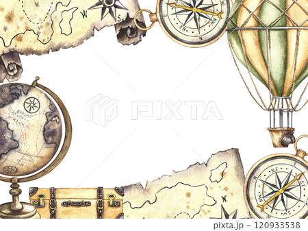 Vintage frame. Traveling by hot air balloon. A balloon with a basket and an ancient map of treasure island, a globe and a compass. A hand-drawn watercolor illustration. For banners, posters, postcards 120933538