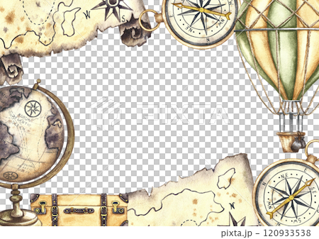 Vintage frame. Traveling by hot air balloon. A balloon with a basket and an ancient map of treasure island, a globe and a compass. A hand-drawn watercolor illustration. For banners, posters, postcards 120933538