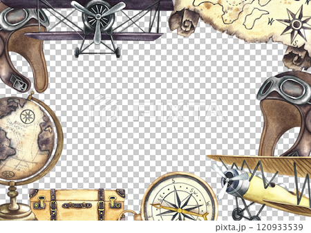 A frame with an image of vintage retro airplanes, a pilot's helmet, a compass and a globe. A watercolor illustration made by hand. Vintage traveler's postcard. For banners, flyers, poster and postcard 120933539