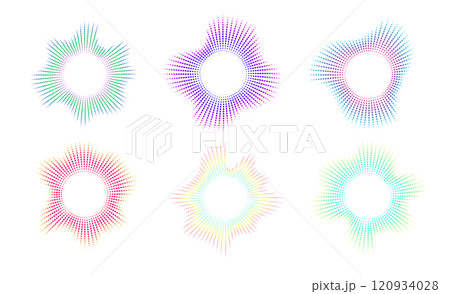 A set of equalisers with neon dots. Sound multicoloured waves. Music symbol, circular sound waves, digital communication. Vector radial spectrum. 120934028