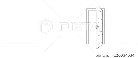 Open door with one continuous line . Single line editable drawing of office entrance. Vector illustration Open door with one continuous line . Single line editable drawing of office entrance. Vector illustration 120934034