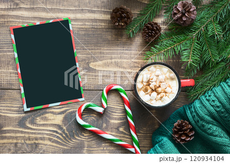 Christmas composition. Blank for wishing to Santa and cup of coffee. Xmas card. Christmas composition. Blank for wishing to Santa and cup of coffee. Xmas card. 120934104