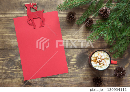 Christmas composition with empty red blank letter for Santa and red cup. Xmas. 120934111