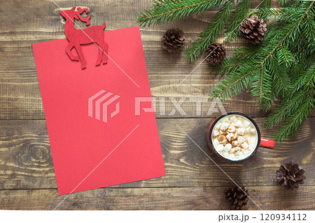Christmas composition with red cup and empty red blank letter for Santa. Xmas. Christmas composition with red cup and empty red blank letter for Santa. Xmas. 120934112