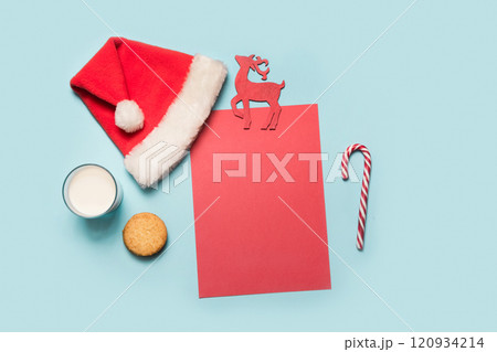 Christmas red blank for letter to Santa Claus with milk, cookies. Xmas card. Christmas red blank for letter to Santa Claus with milk, cookies. Xmas card. 120934214