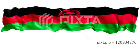 Stylized flag of Malawi waving in the wind, isolated on white background. Footer, header or divider. Cut out wide, panoramic element. Banner for patriotic themes or national event promotions. 3D. 120934276