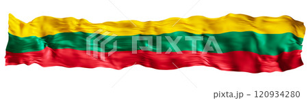 Stylized flag of Lithuania waving in the wind, isolated on white background. Footer, header or divider. Cut out wide, panoramic element. Banner for patriotic themes or national event promotions. 3D. 120934280