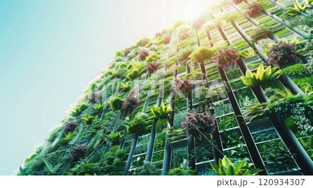 3. Exterior of high-rise building featuring a vertical garden setup 120934307