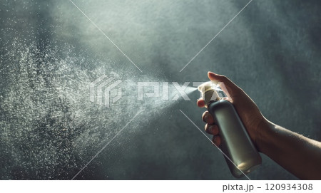 Hand holding a spray bottle, misting a shiny surface for a thorough and effective cleaning process. Cleaning company. Copyspace 120934308