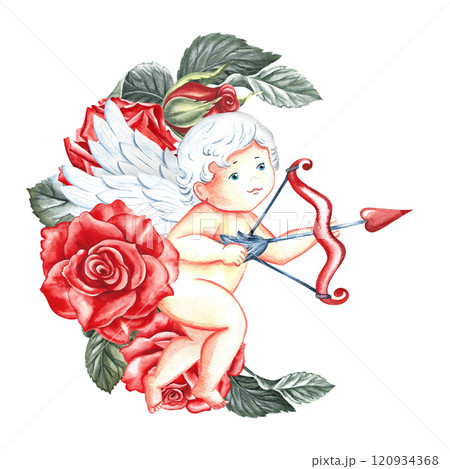 A postcard for Valentine's Day or for a wedding. A cute cupid with a bow and arrow and red roses. Handmade watercolor illustration. Elegant Valentine card, congratulations, wedding invitation. 120934368