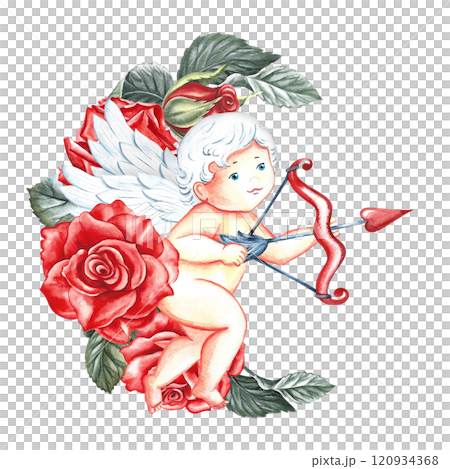 A postcard for Valentine's Day or for a wedding. A cute cupid with a bow and arrow and red roses. Handmade watercolor illustration. Elegant Valentine card, congratulations, wedding invitation. 120934368