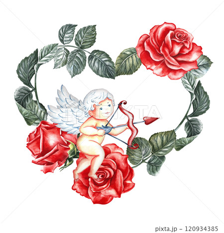 A postcard for Valentine's Day or for a wedding. A cute cupid in a wreath of red roses in the shape of a heart. Handmade watercolor illustration. Elegant valentine card, greeting, wedding invitation. 120934385