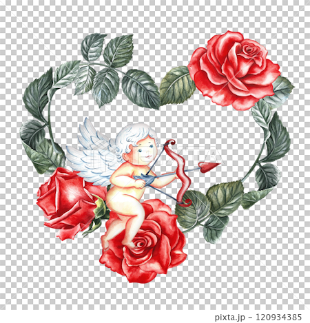 A postcard for Valentine's Day or for a wedding. A cute cupid in a wreath of red roses in the shape of a heart. Handmade watercolor illustration. Elegant valentine card, greeting, wedding invitation. 120934385