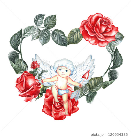 A Valentine's Day or wedding card. A cute cupid on a wreath of red roses in the shape of a heart. Handmade watercolor illustration. Flower postcard design. Wedding invitation, elegant greeting card. 120934386