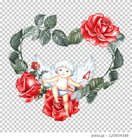 A Valentine's Day or wedding card. A cute cupid on a wreath of red roses in the shape of a heart. Handmade watercolor illustration. Flower postcard design. Wedding invitation, elegant greeting card. 120934386