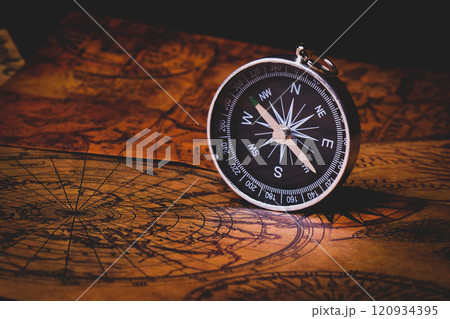 Looking for adventure. Compass and maps. Treasure map and path to the treasure. Looking for adventure. Compass and maps. Treasure map and path to the treasure. 120934395