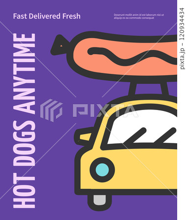 Hot Dogs Anytime Fast Food Delivery Concept Vertical Placard Poster Banner Card Template. Vector Hot Dogs Anytime Fast Food Delivery Concept Vertical Placard Poster Banner Card Template. Vector 120934434