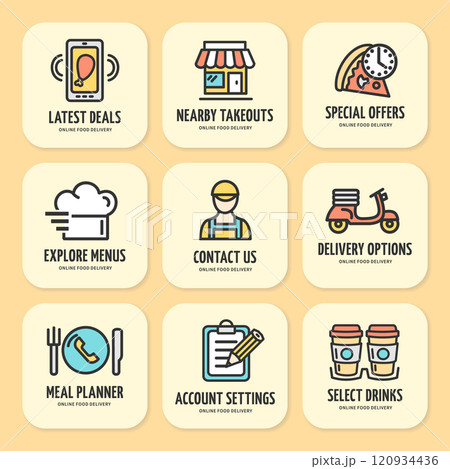 Food Order Concept Sign Color Thin Line Icon Labels Set. Vector 120934436