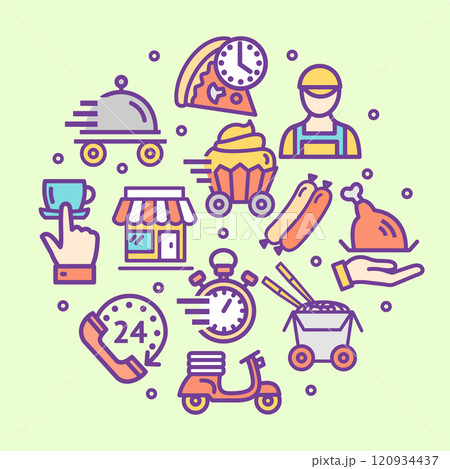 Food Order Service Sign Round Design Template Color Thin Line Icon Banner. Vector 120934437