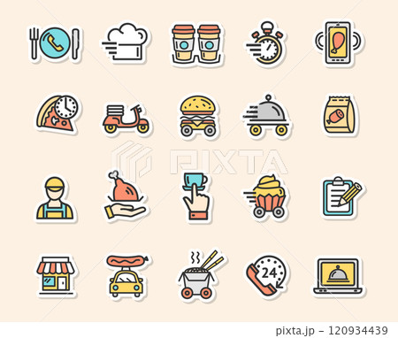 Food Delivery Service Concept Sticker Color Thin Line Icon Set. Vector Food Delivery Service Concept Sticker Color Thin Line Icon Set. Vector 120934439