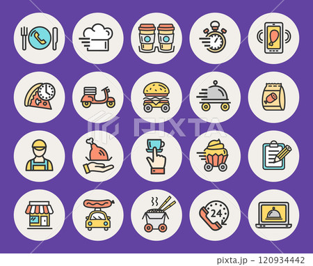 Food Delivery Sign Color Circles Thin Line Icon Set. Vector Food Delivery Sign Color Circles Thin Line Icon Set. Vector 120934442