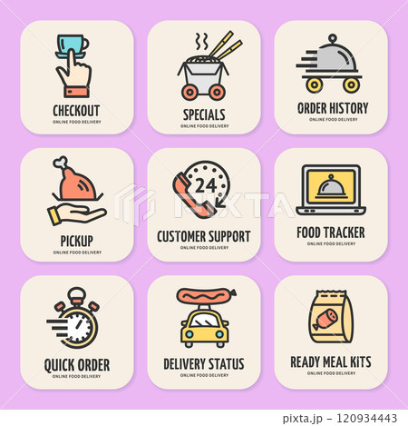 Food Delivery Concept Sign Color Thin Line Icon Labels Set. Vector Food Delivery Concept Sign Color Thin Line Icon Labels Set. Vector 120934443