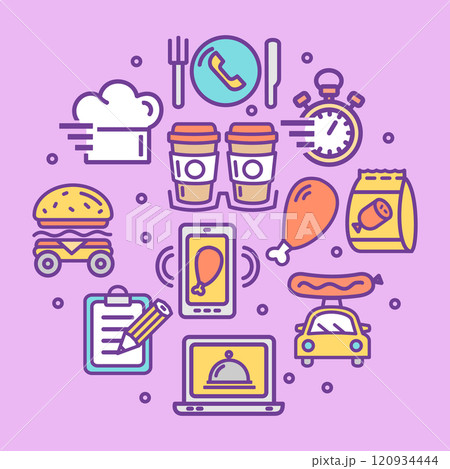 Food Delivery Service Sign Round Design Template Color Thin Line Icon Banner. Vector 120934444