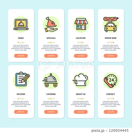 Food Delivery App Screens Cards Set. Vector Food Delivery App Screens Cards Set. Vector 120934445