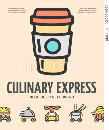 Culinary Express Food Delivery Concept Vertical Placard Poster Banner Card Template. Vector Culinary Express Food Delivery Concept Vertical Placard Poster Banner Card Template. Vector 120934449