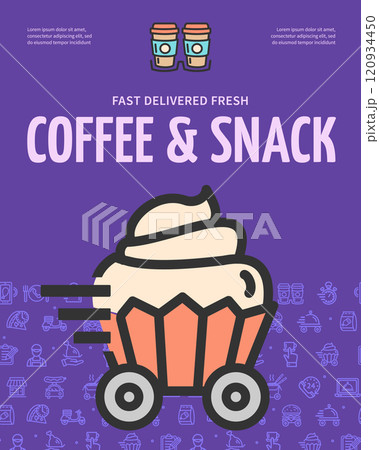 Coffee and Snack Food Delivery Concept Vertical Placard Poster Banner Card Template. Vector Coffee and Snack Food Delivery Concept Vertical Placard Poster Banner Card Template. Vector 120934450
