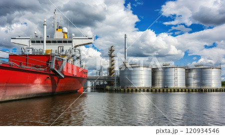 A large red cargo ship docked next to an industrial oil and gas tank storage complex. Red cargo ship docked near oil and gas tanks. 120934546