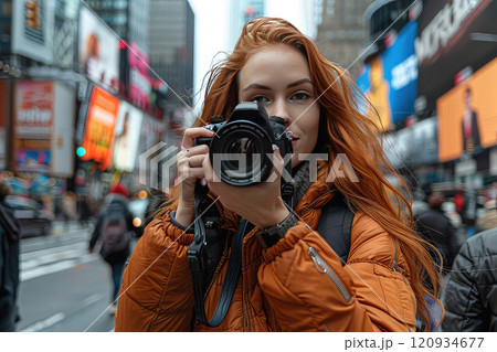 Red haired street fashion female blogger with camera taking a picture. Street chic, camera click, fashion's heartbeat. 120934677