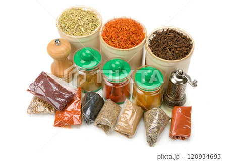 Collection dry spices isolated on white background Collection dry spices isolated on white background 120934693