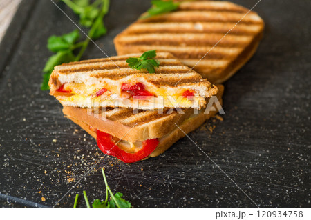 grilled fried bread toasts with filling inside grilled fried bread toasts with filling inside 120934758