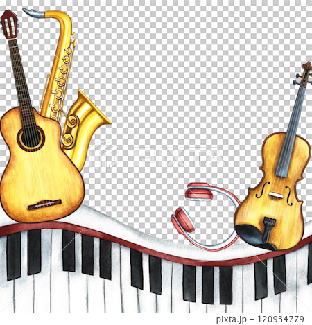 The border frame is musical with an image of a guitar, saxophone and violin, as well as piano keys. The illustration is made by hand in watercolor. For posters, flyers, invitation cards and packaging. 120934779