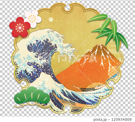 Background material with gold snowflake lines: big waves and Mt. Fuji 120934809