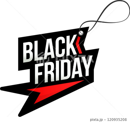 Black friday label featuring striking red details, hanging from a black string, capturing the essence of seasonal shopping sales and enticing consumers with unbeatable discounts Black friday label featuring striking red details, hanging from a black string, capturing the essence of seasonal shopping sales and enticing consumers with unbeatable discounts 120935208