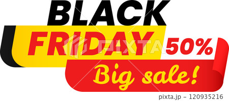 Black friday big sale banner featuring a striking fifty percent discount displayed on a vibrant red and yellow ribbon with a curled corner, utilizing bold typography for maximum impact 120935216