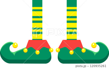 Christmas elf wearing green and yellow striped stockings and green shoes with curled toes and three yellow bells, a festive and whimsical design element for holiday projects Christmas elf wearing green and yellow striped stockings and green shoes with curled toes and three yellow bells, a festive and whimsical design element for holiday projects 120935261