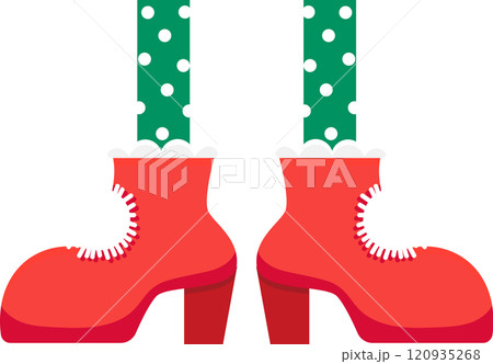 Christmas elf legs wearing red high heel boots with white fur trim and green tights with white polka dots, bringing a festive touch to holiday celebrations 120935268