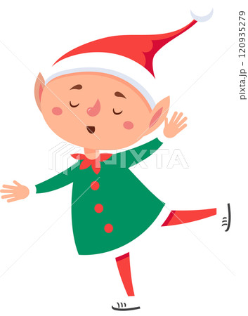 Cartoon christmas elf dancing joyfully with closed eyes, dressed in a vibrant green dress and red tights, radiating happiness and magic throughout the festive season 120935279