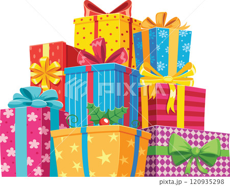 Vibrant pile of colorful christmas gifts adorned with ribbons and bows, creating a cheerful and festive holiday background perfect for celebrating the season of joy and generosity 120935298