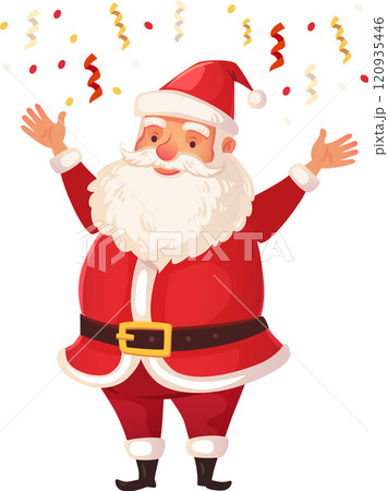 Santa claus raising his hands in celebration, surrounded by colorful confetti, creates a joyful and festive atmosphere, embodying the spirit of christmas and holiday cheer 120935446