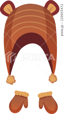 Brown striped winter hat with cute bear ears and matching mittens with fluffy trim create a cozy and playful ensemble, perfect for keeping warm during cold weather adventures 120935472