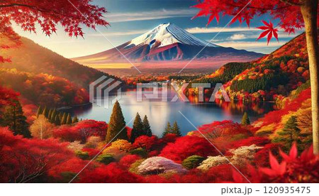 紅葉に囲まれた富士山と湖｜秋の絶景と自然美を感じる風景写真 120935475